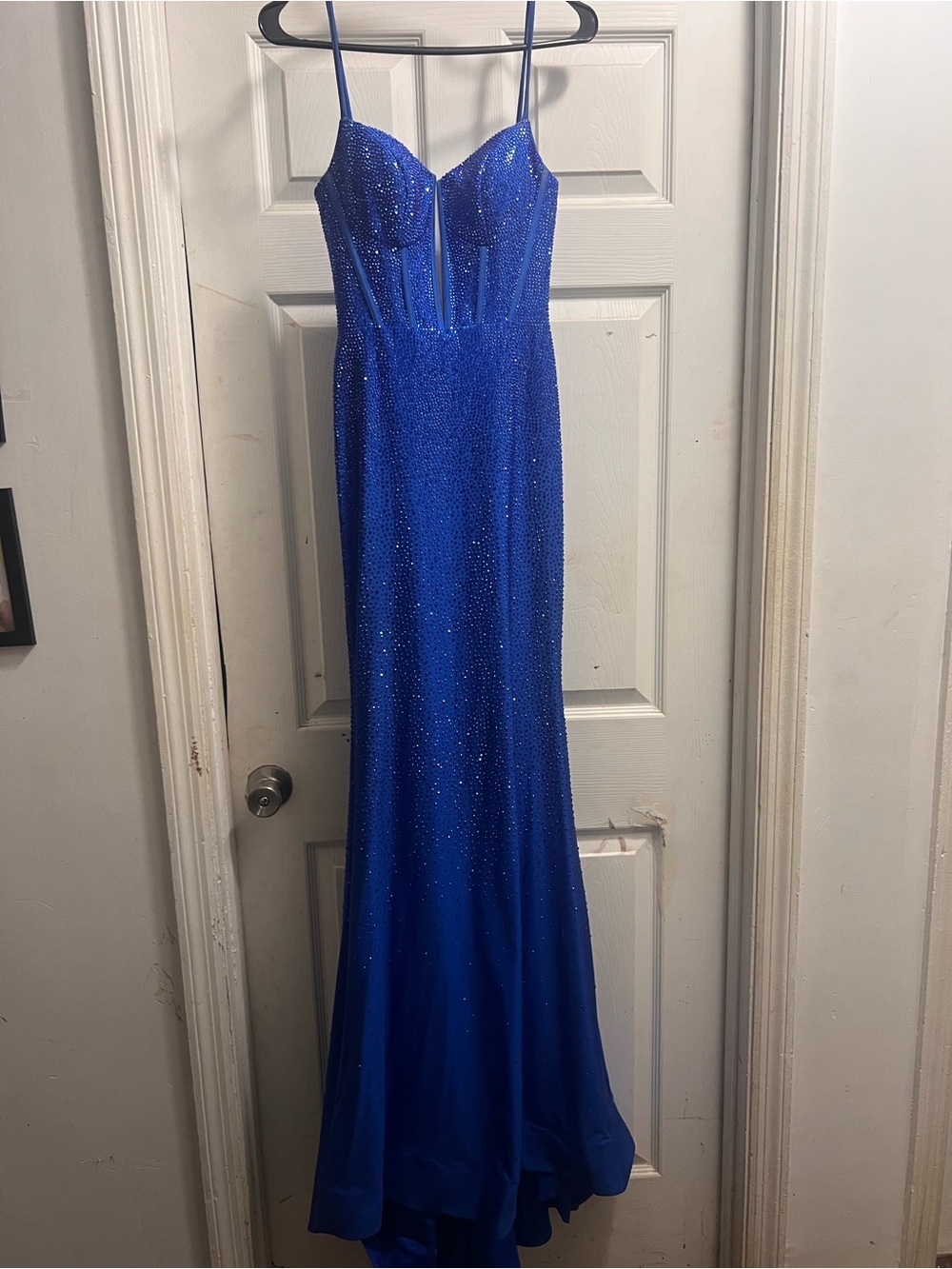 Sherri Hill Royal Blue Beaded Spaghetti-Strap Evening Gown